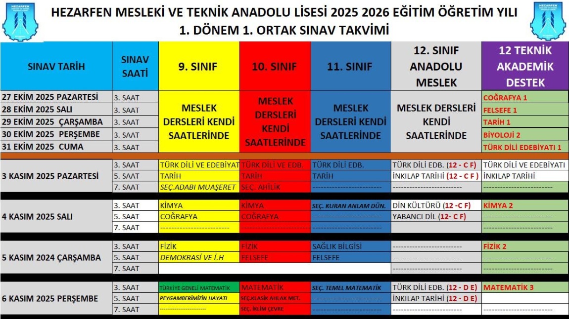 2025-2026 Eğitim Öğretim Yılı 1.Dönem 1.Yazılı Ortak Sınav Takvimi Açıklandı.